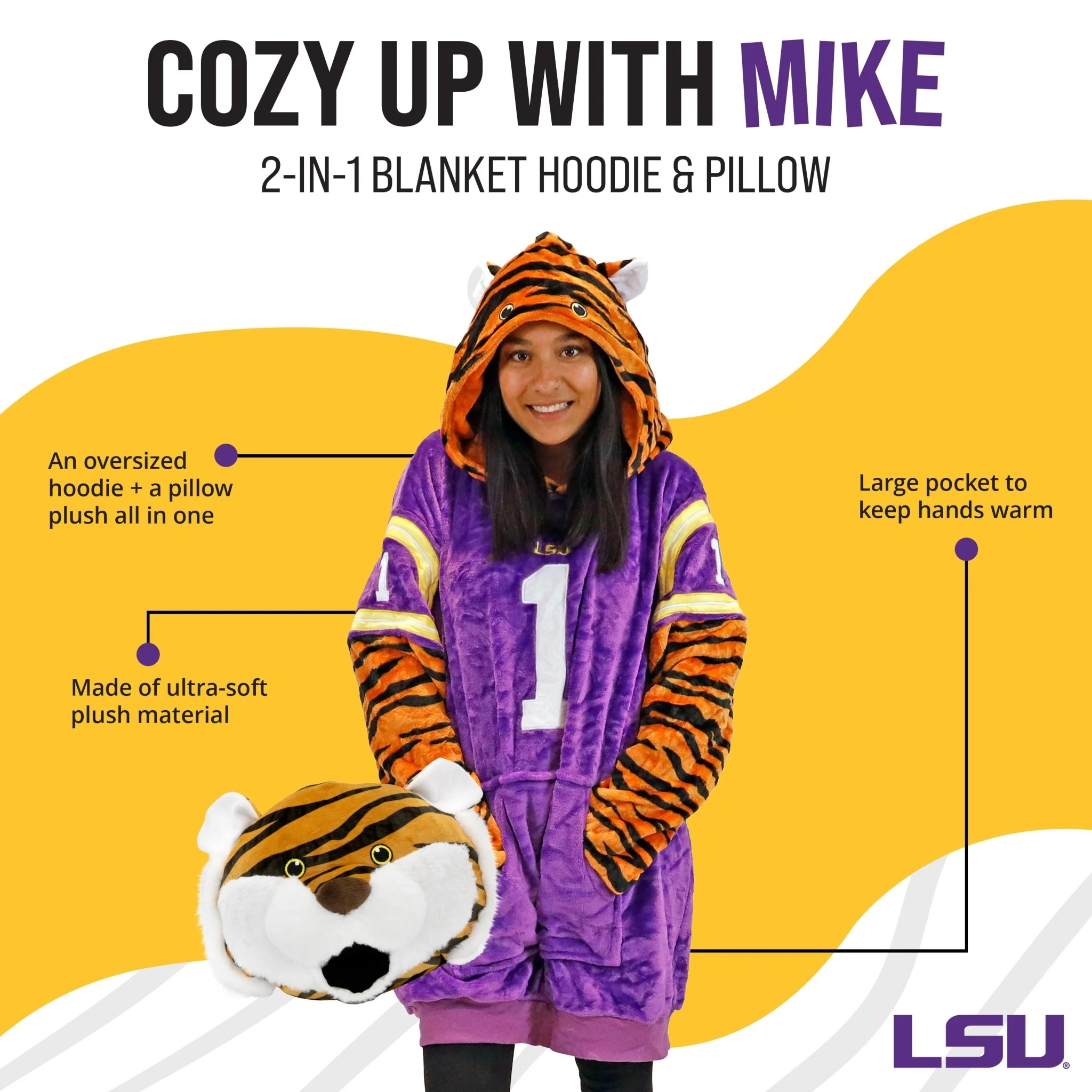 Louisiana State University (LSU) Mike the Tiger Snugible | Blanket Hoodie & Pillow - Image 2