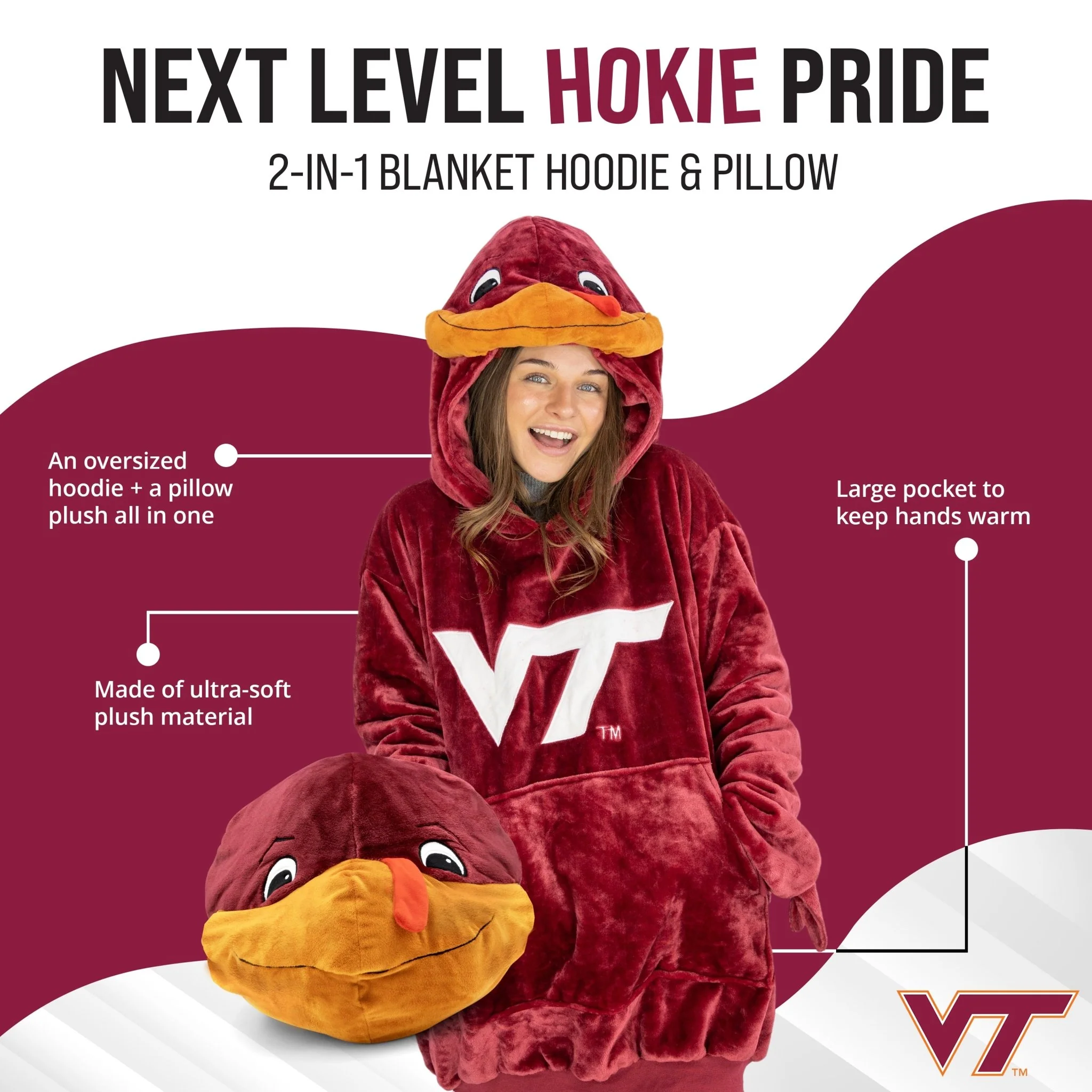 Virginia Tech University Hokie Snugible | Blanket Hoodie & Pillow - Image 2
